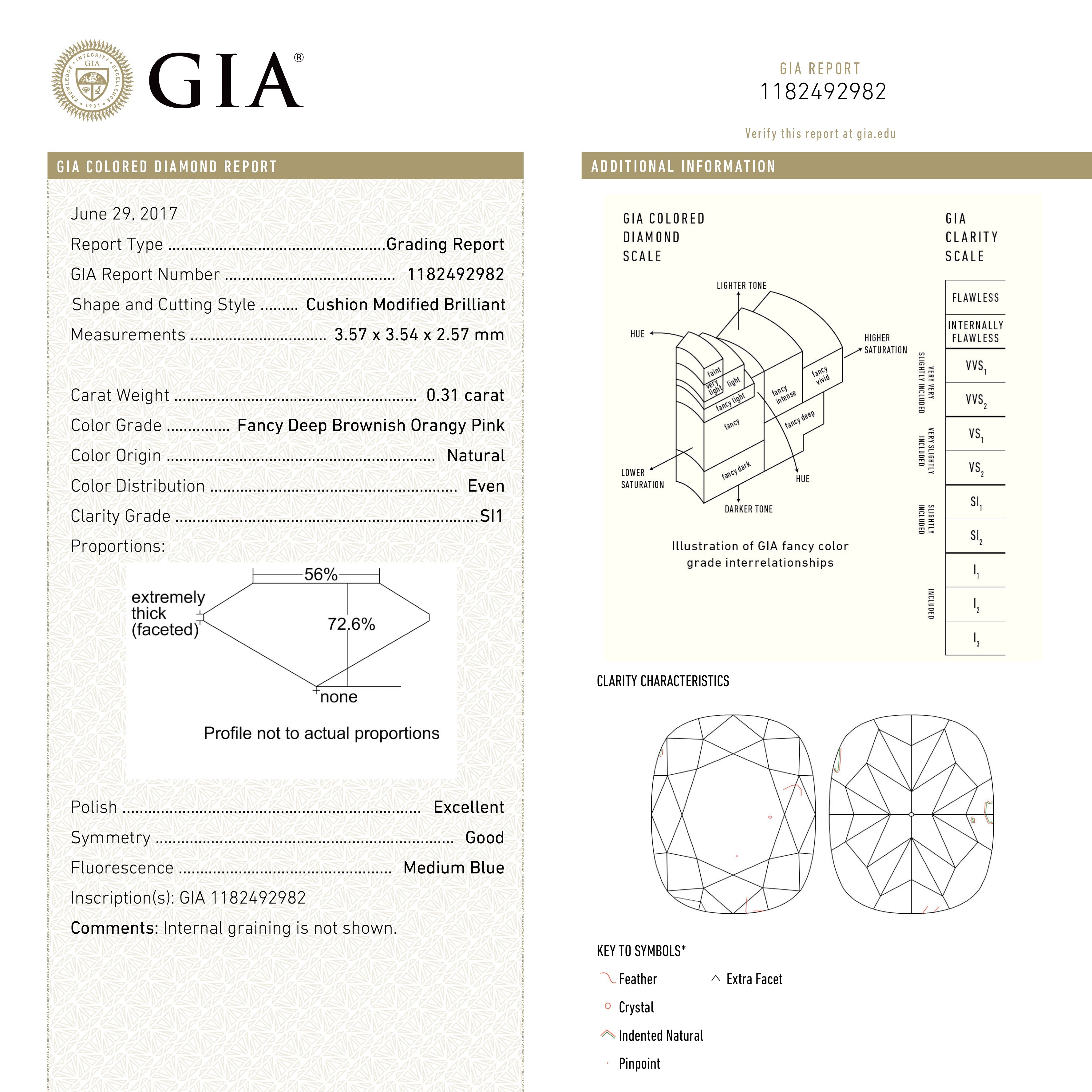 0.31ct 3.57x3.54x2.57mm GIA SI1 Fancy Deep Brownish Orangy Pink Cushion Brilliant ๐ฆ๐บ 24105-01