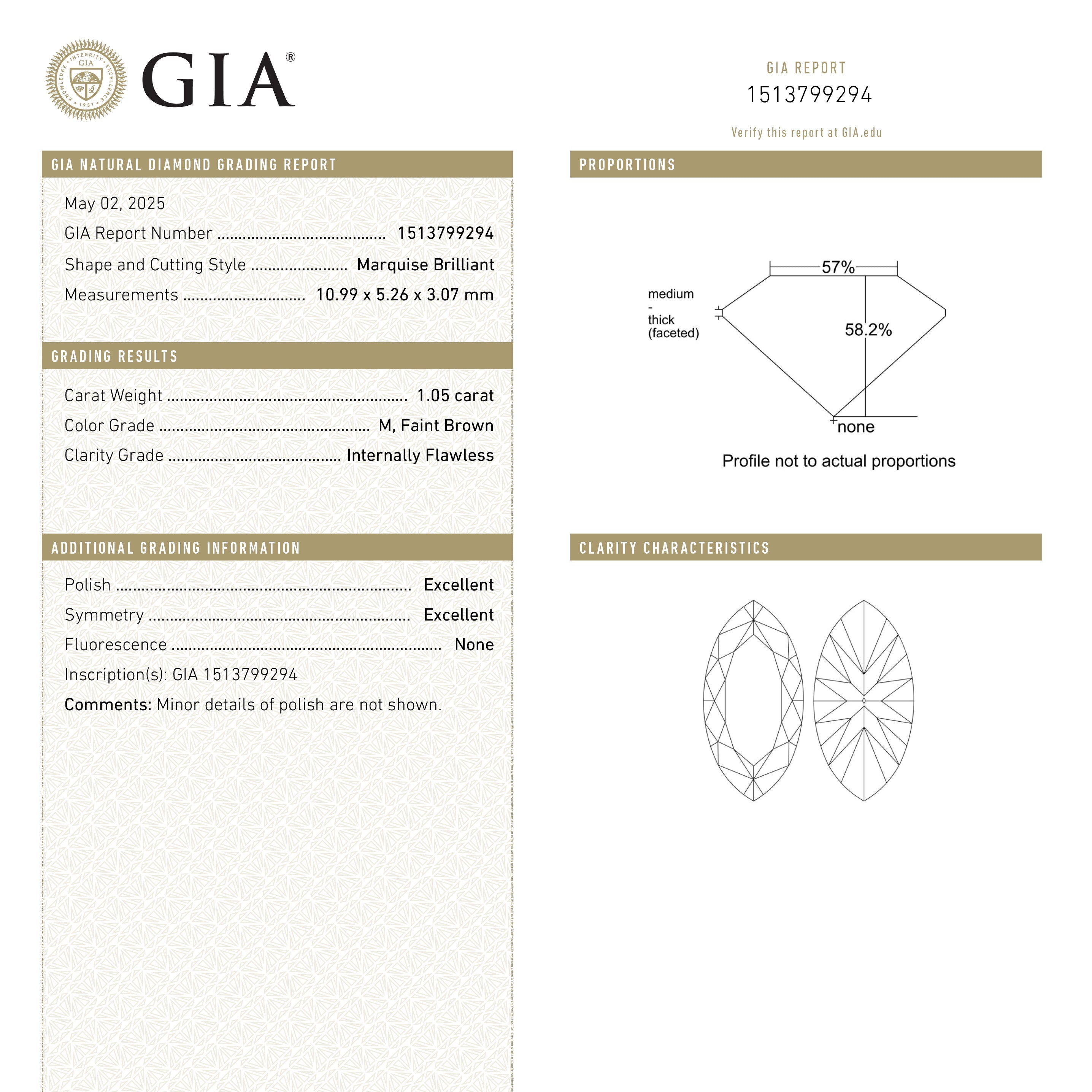 1.05ct 10.99x5.26x3.07mm GIA Internally Flawless M Marquise Brilliant π¨π¦ 27091-01