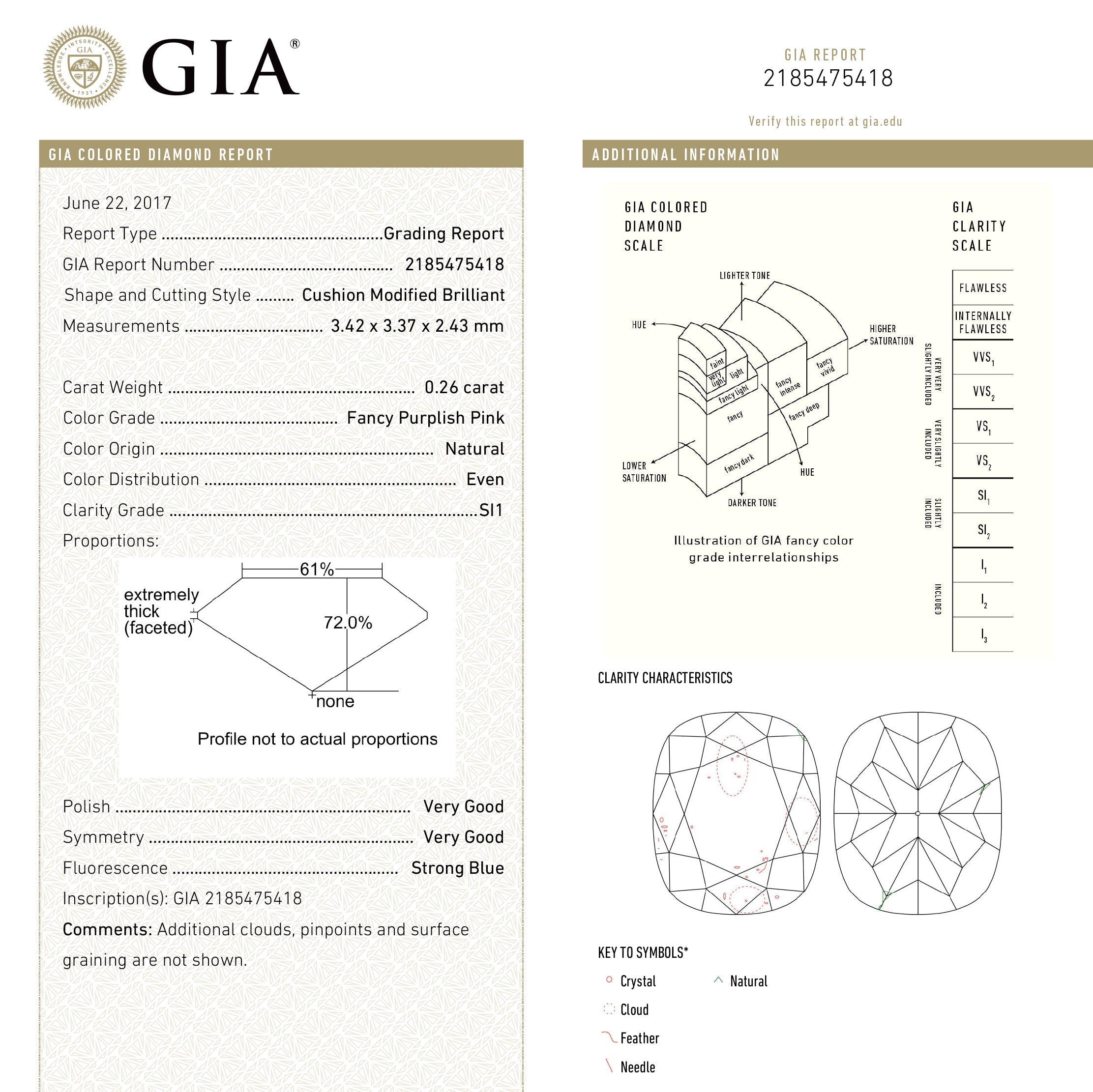 0.26ct 3.42x3.37x2.43mm GIA SI1 Fancy Purplish Pink Cushion Brilliant ๐ฆ๐บ 24102-01