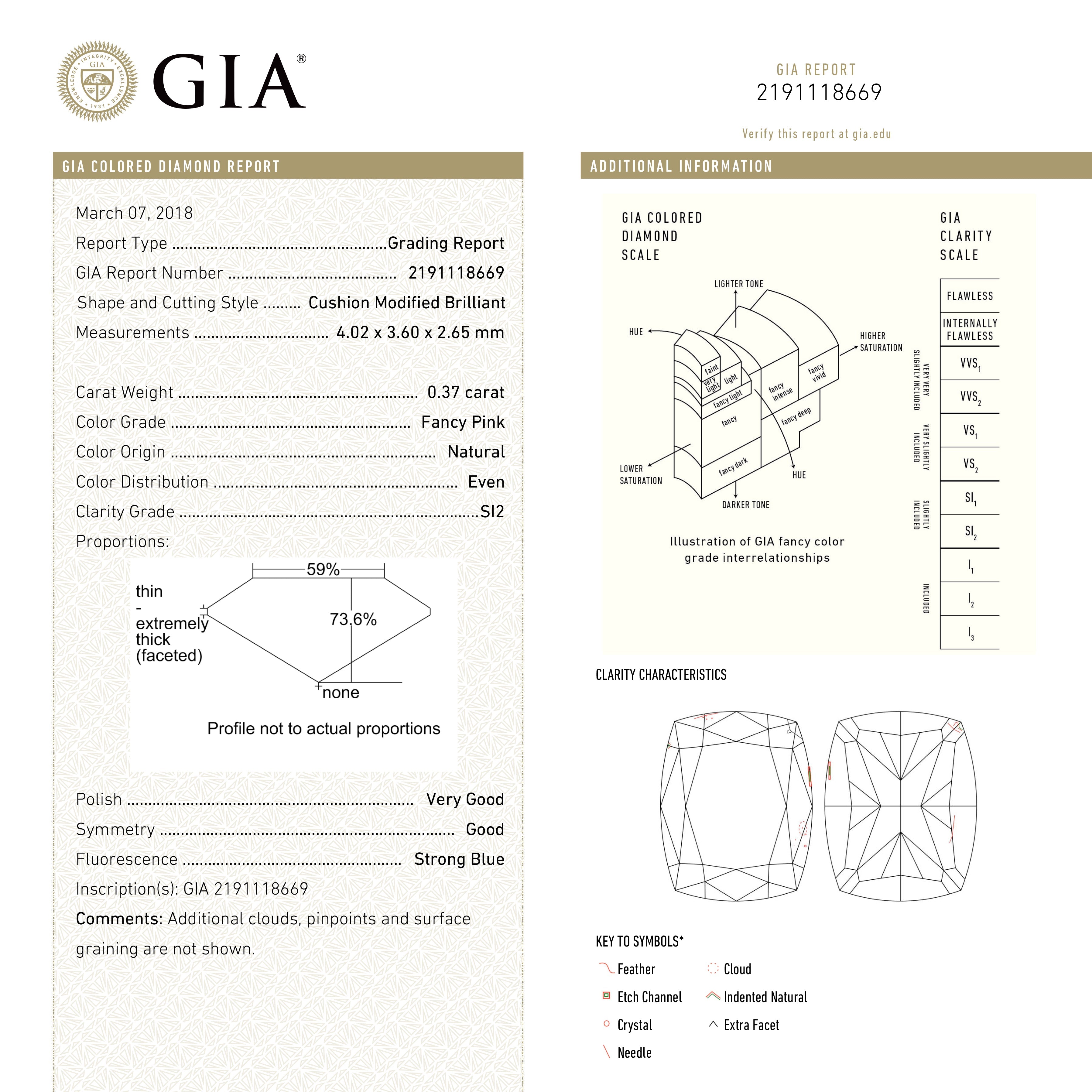 0.37ct 4.02x3.60x2.65mm GIA SI2 Fancy Pink Cushion Brilliant π¦πΊ 24141-01