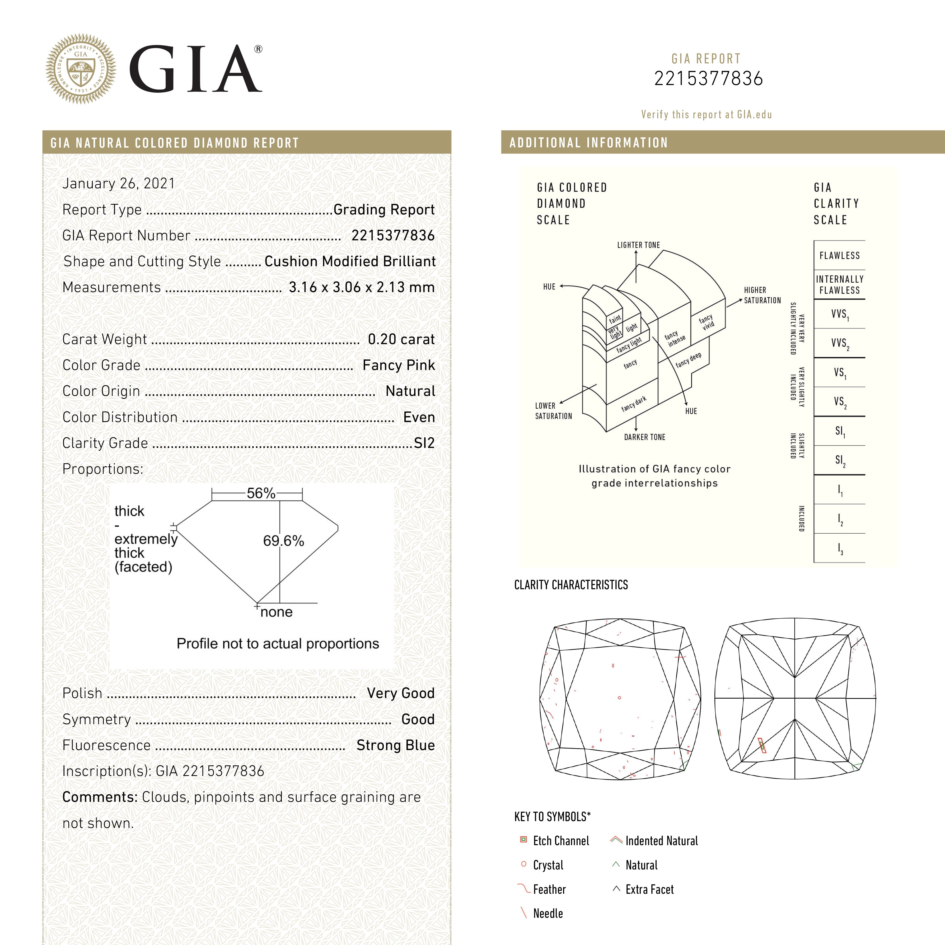 0.20ct 3.16x3.06x2.13mm GIA SI2 Fancy Pink Cushion Brilliant ๐ฆ๐บ 24099-01