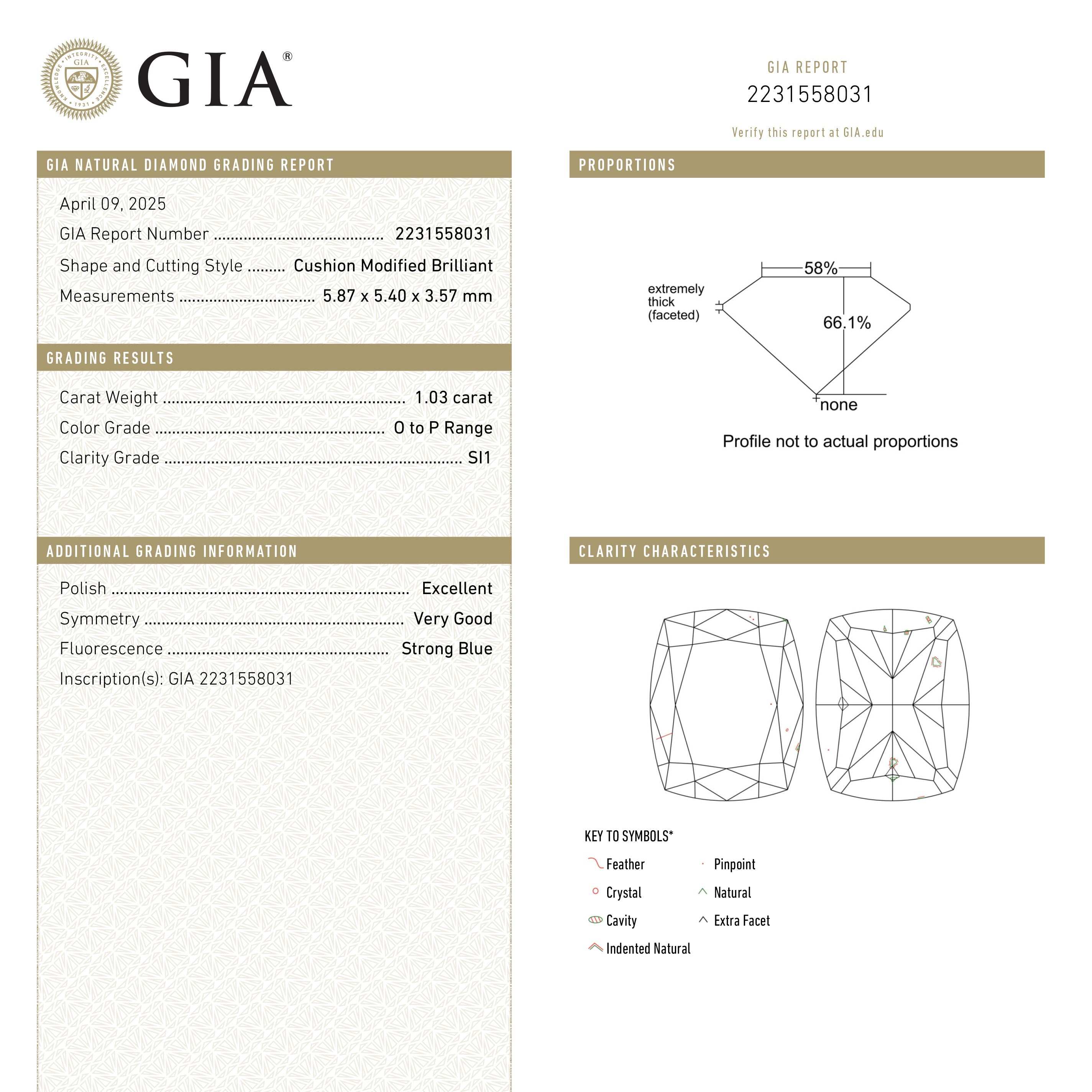 1.03ct 5.84x5.36x3.52mm GIA SI1 O-P Cushion Brilliant ๐ฆ๐บ 24114-01