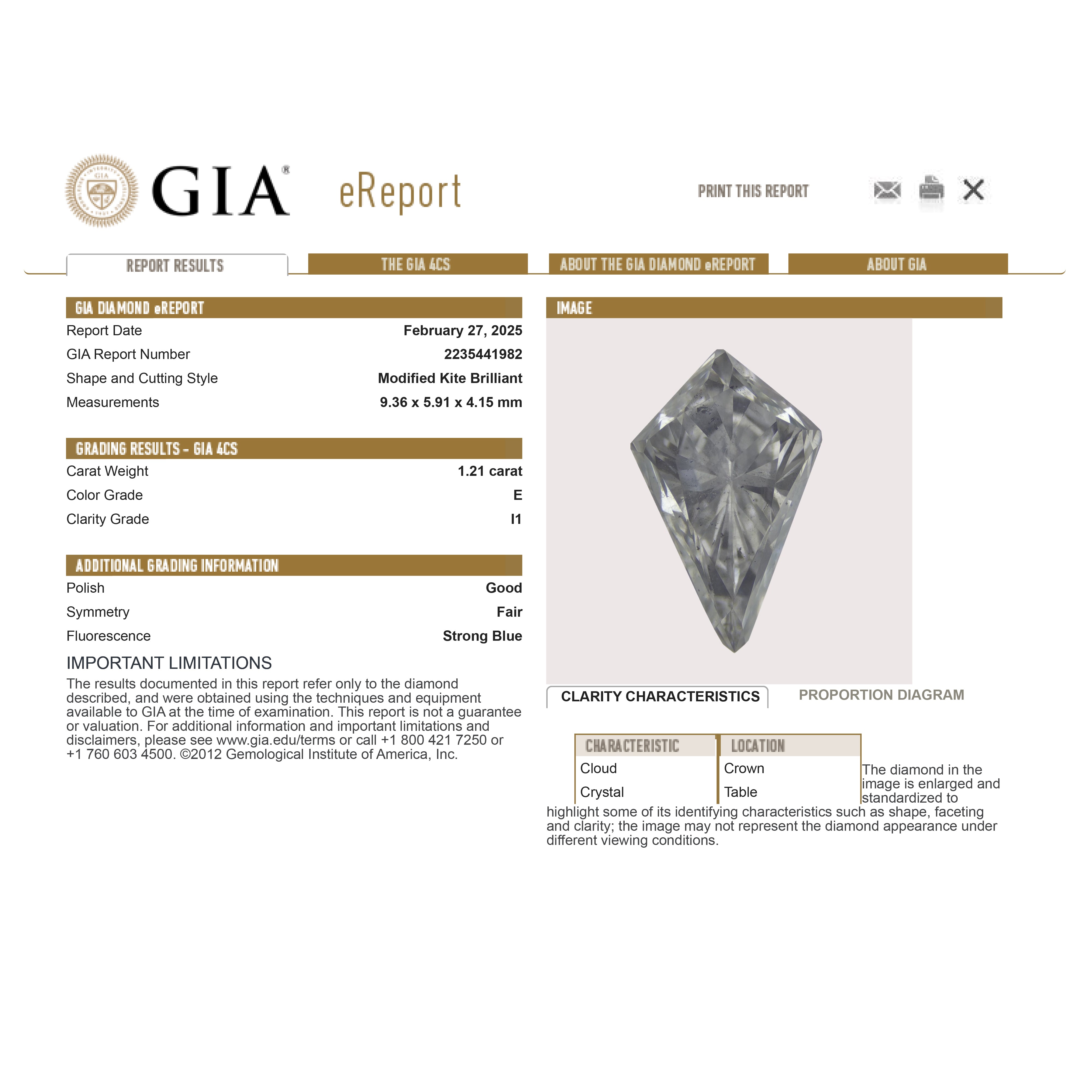 1.21ct 9.36x5.91x4.15mm GIA I1 E Kite Brilliant 26169-01