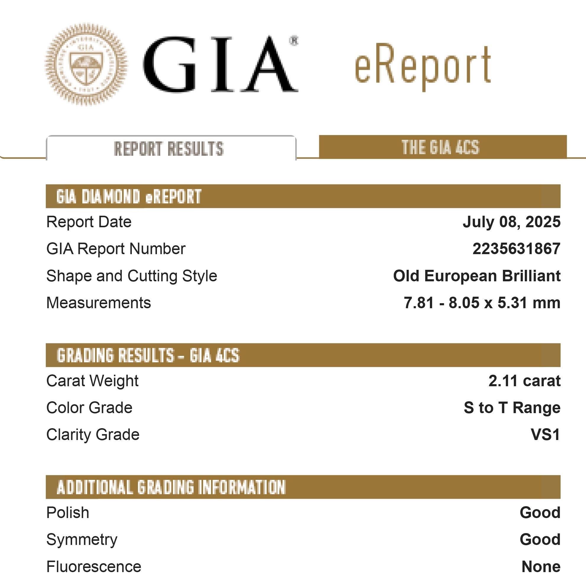 2.11ct 7.81x8.05x5.31mm GIA VS1 S-T Antique Old European Cut 26755-01
