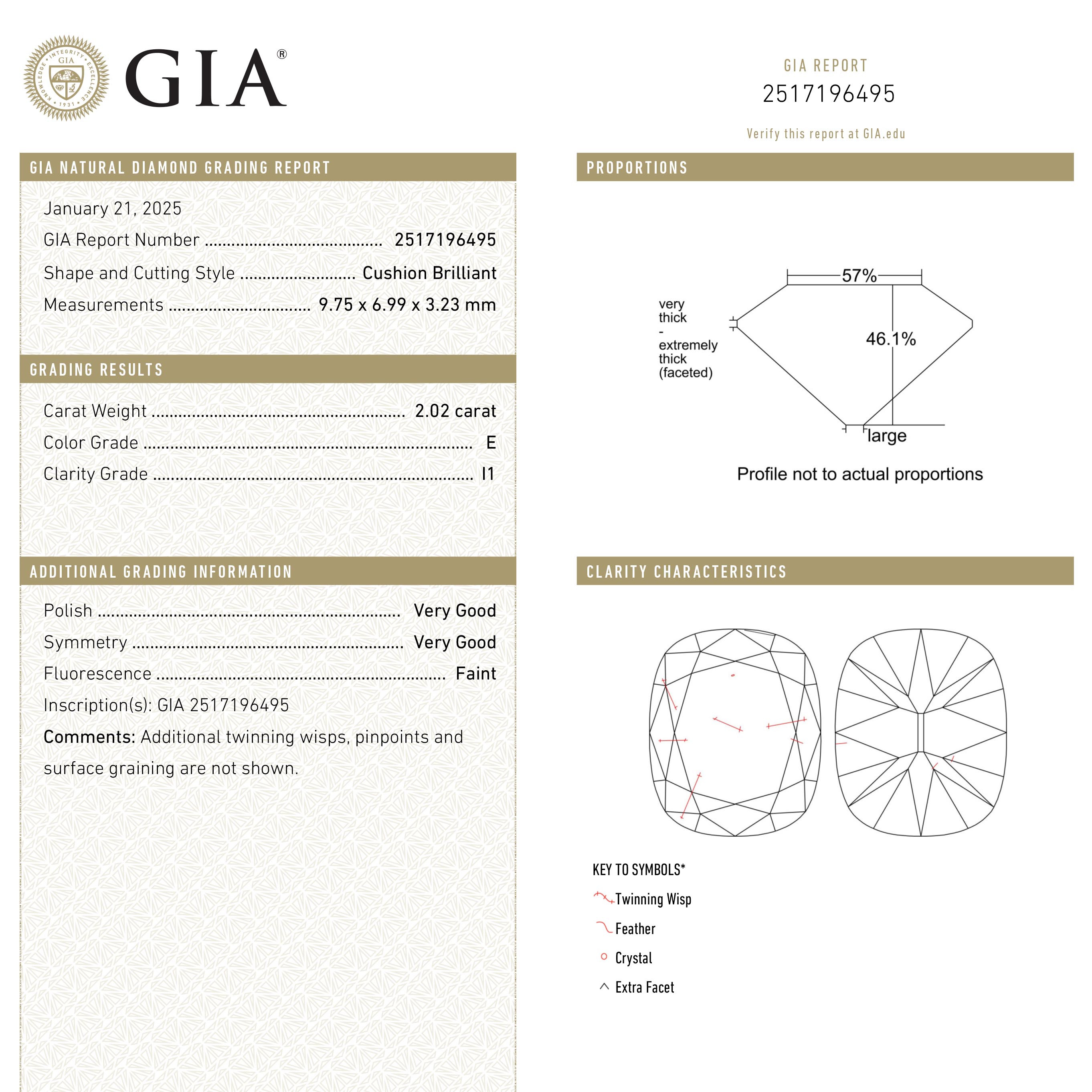 2.02ct 9.75x6.99x3.23mm GIA I1 E Cushion Brilliant 26748-01