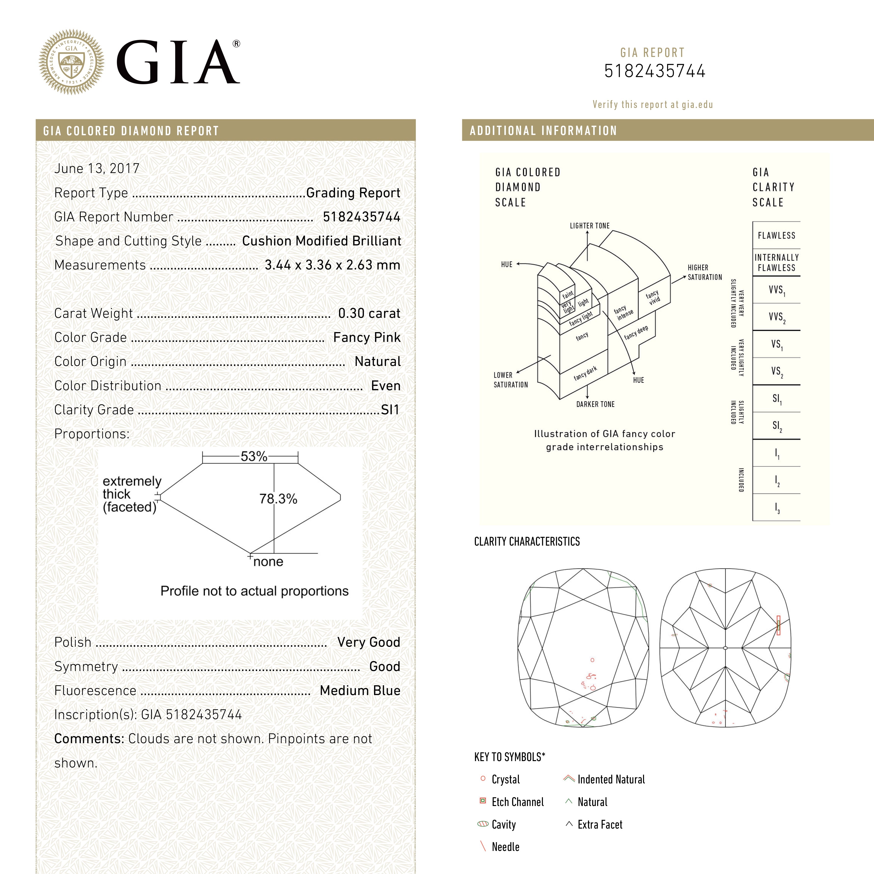 0.30ct 3.44x3.36x2.63mm GIA SI1 Fancy Pink Cushion Brilliant π¦πΊ 24103-01