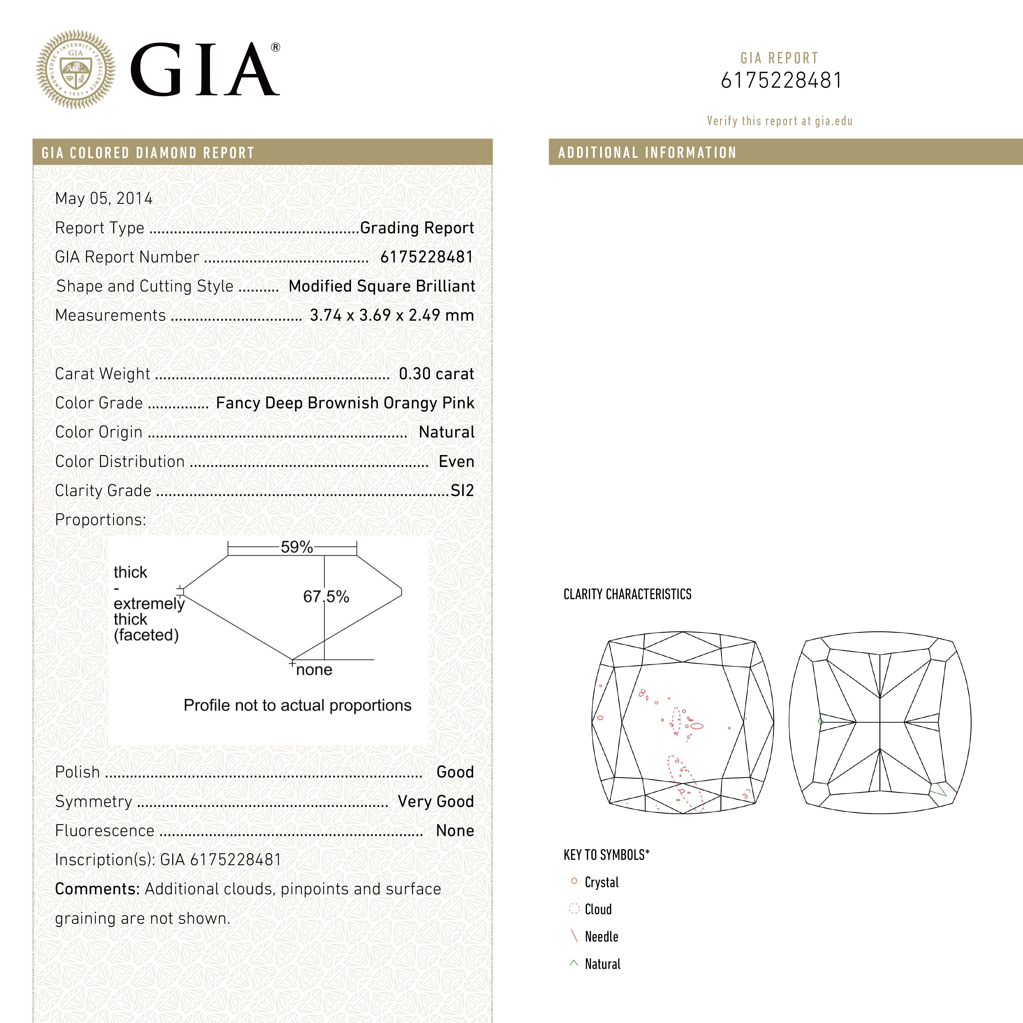 0.30ct 3.74x3.69x2.49mm GIA SI2 Fancy Deep Brownish Orangy Pink Cushion Brilliant ๐ฆ๐บ 24104-01