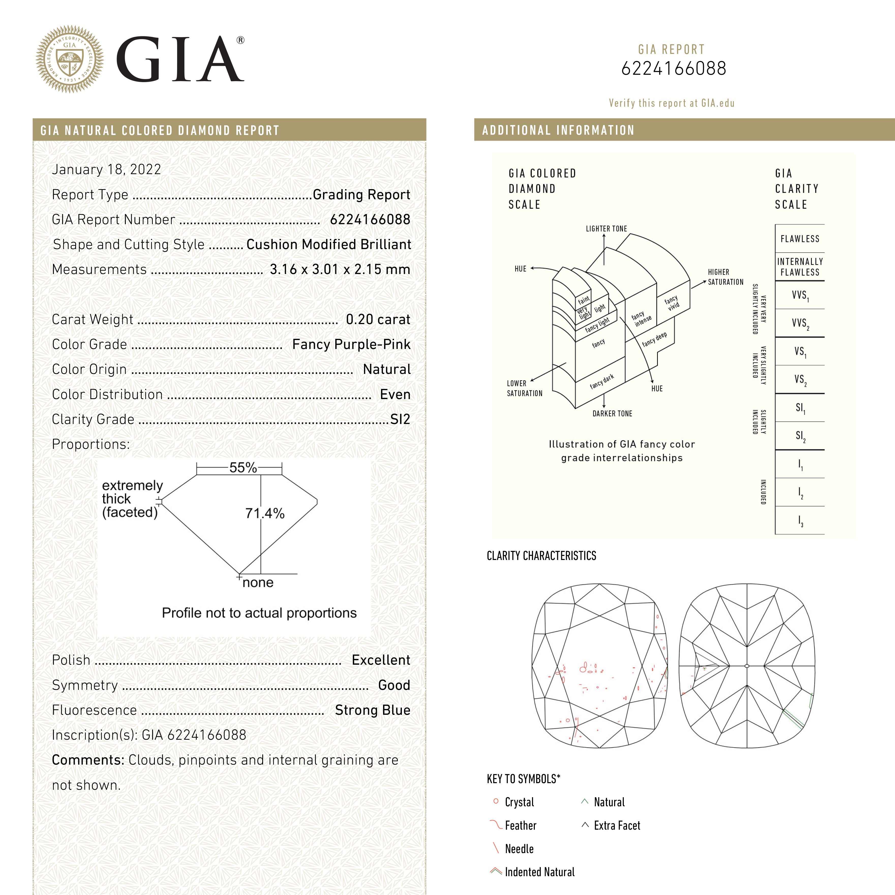 0.20ct 3.16x3.01x2.15mm GIA SI2 Fancy Purple-Pink Cushion Brilliant π¦πΊ 24098-01