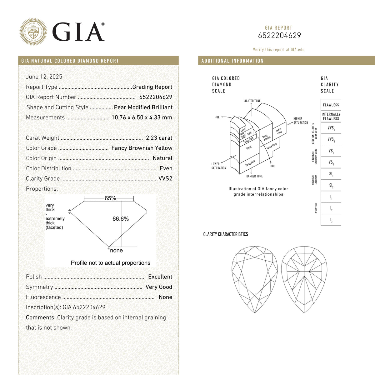2.23ct 10.76x6.50x4.33mm GIA VVS2 Fancy Brownish Yellow Pear Brilliant π¨π¦ 27709-01