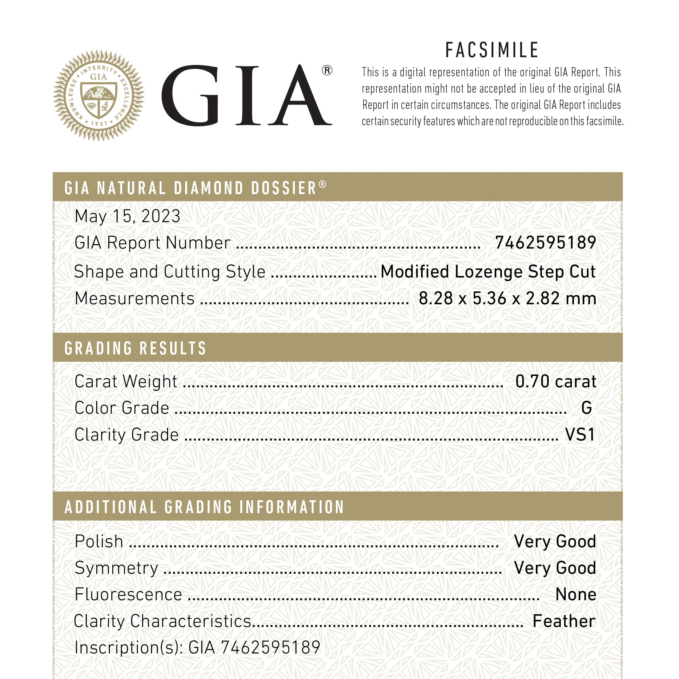 0.70ct 8.28x5.36x2.82mm GIA VS1 G Lozenge Step Cut 26746-01