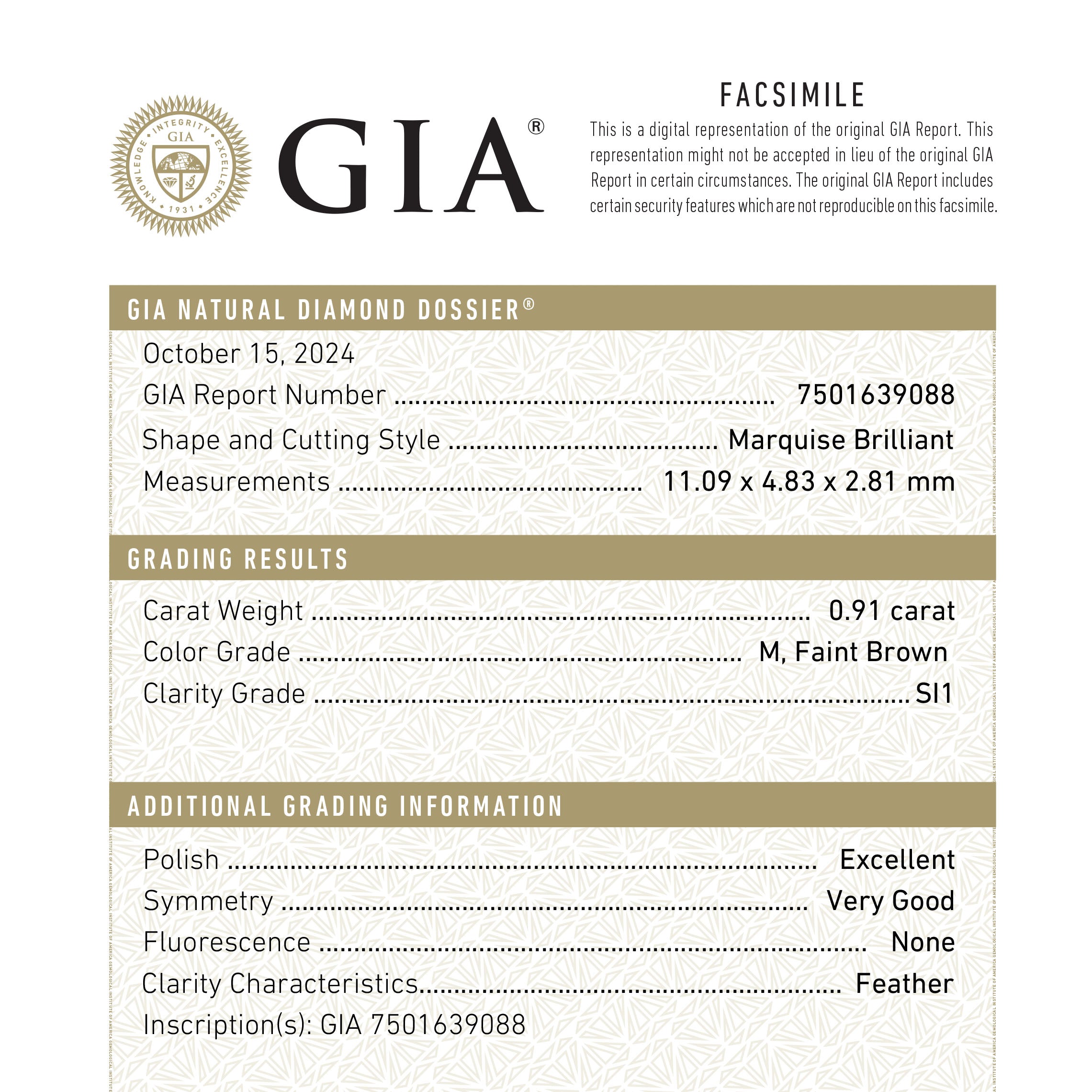 0.91ct 11.09x4.83x2.81mm GIA SI1 M Marquise Brilliant π¨π¦ 26592-01