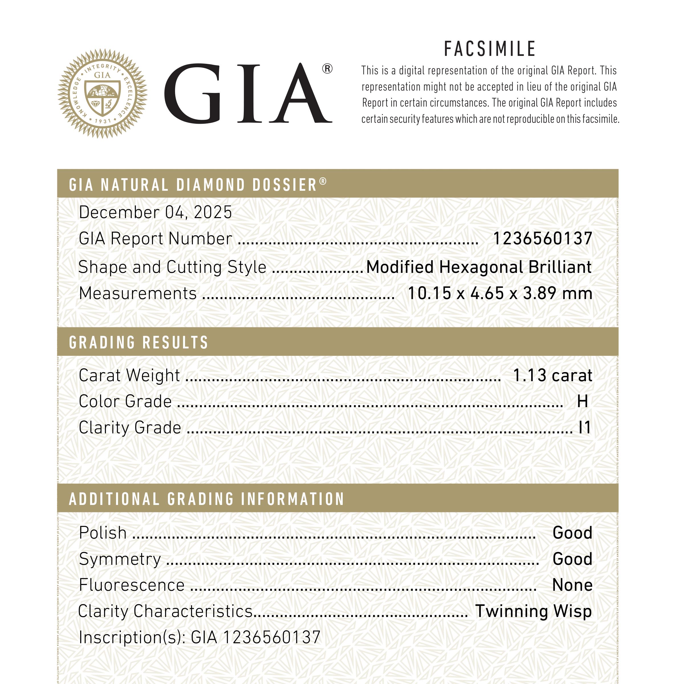 1.13ct 10.15x4.65x3.89mm GIA I1 H Hexagon Brilliant 27391-01