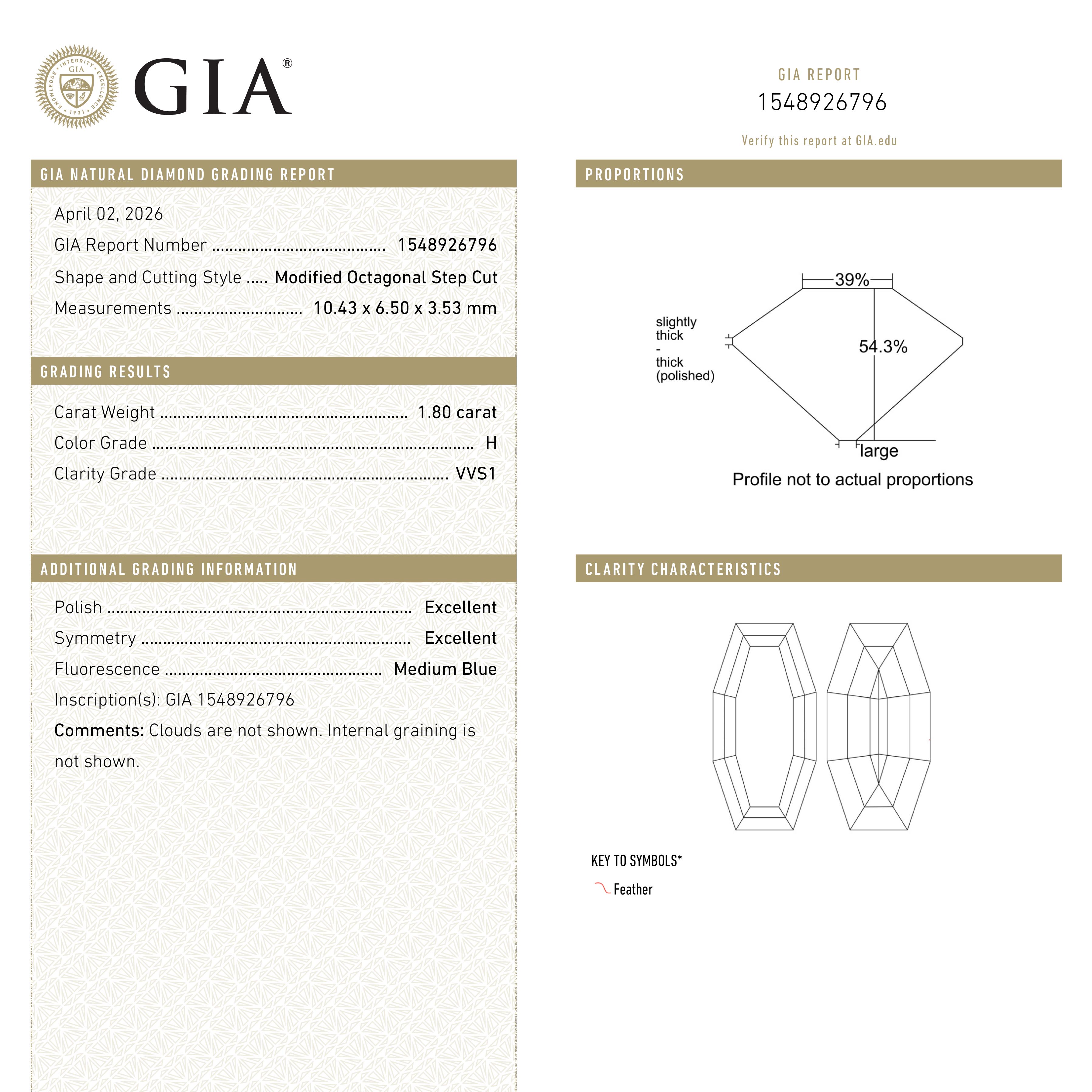 1.80ct 10.43x6.50x3.53mm GIA VVS1 H Cut Corner Rectangle Step Cut 28011-01