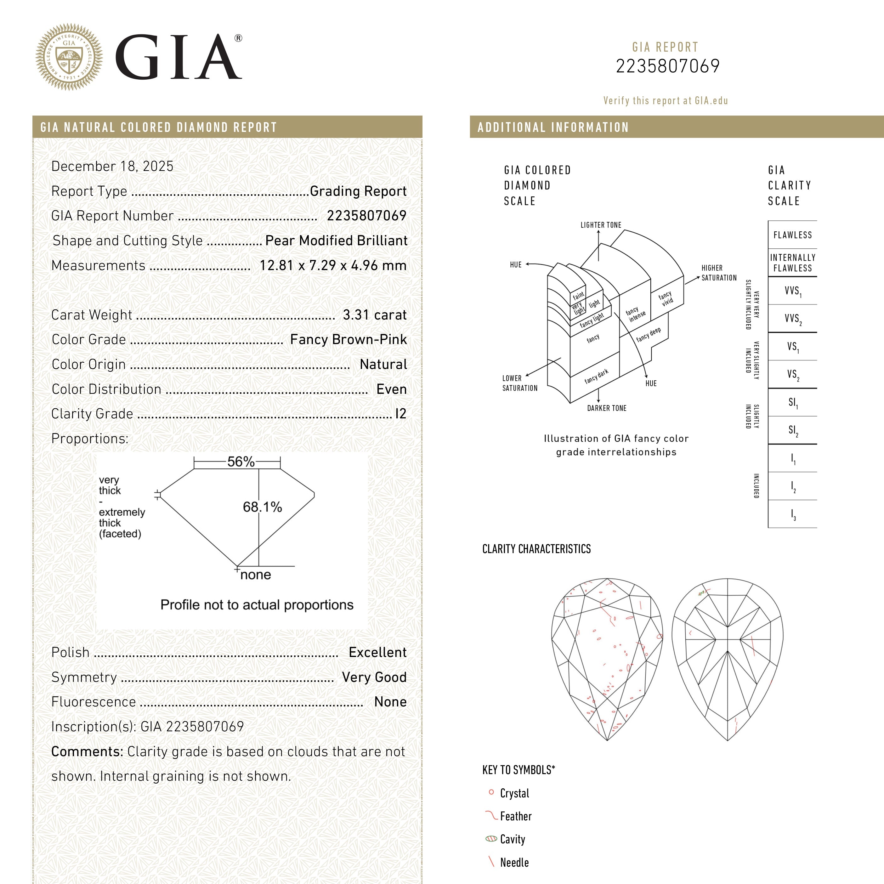 3.31ct 12.81x7.29x4.96mm GIA Fancy Brown-Pink Pear Brilliant 27233-01