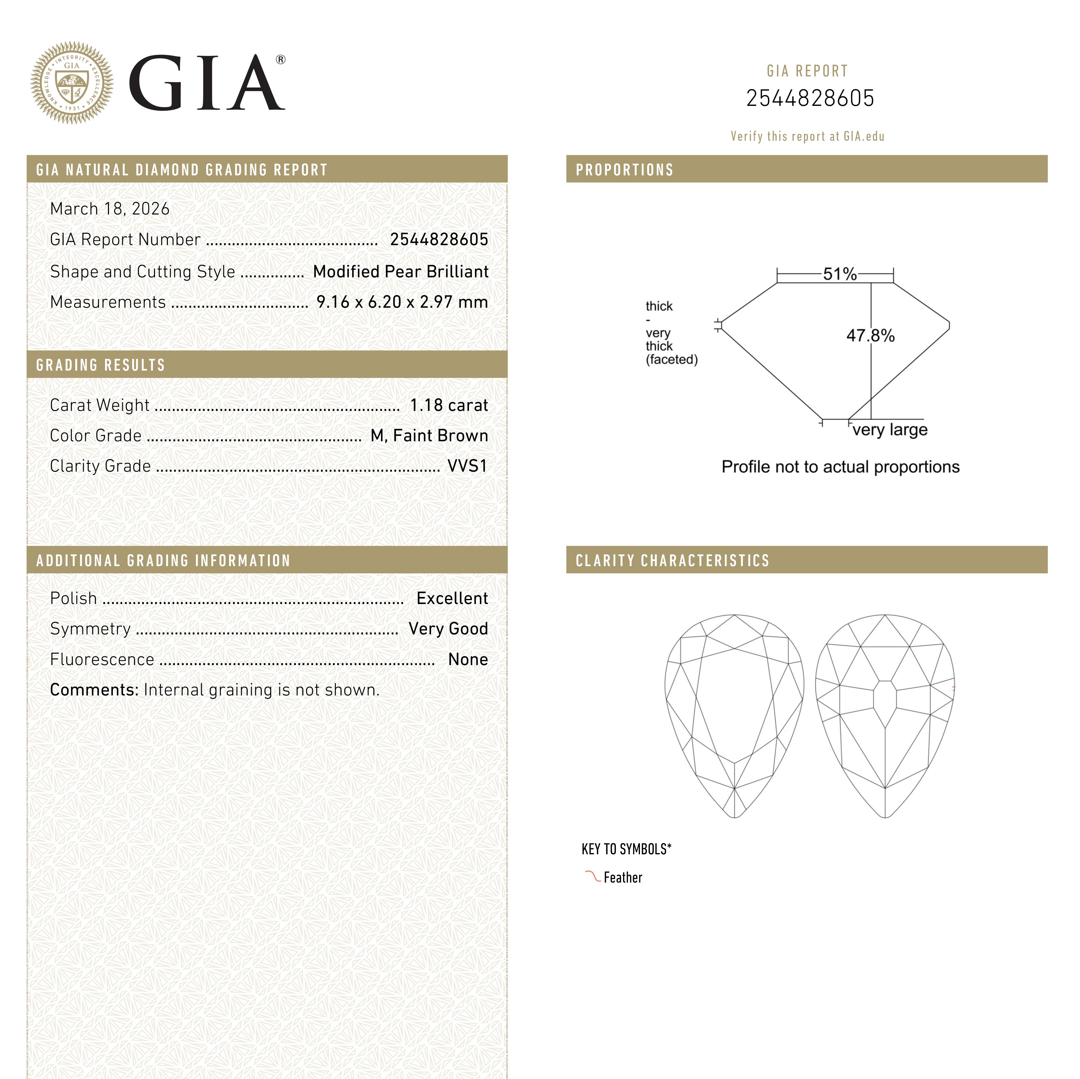 1.18ct 9.16x6.20x2.97mm GIA VVS1 M Pear Brilliant 28022-01
