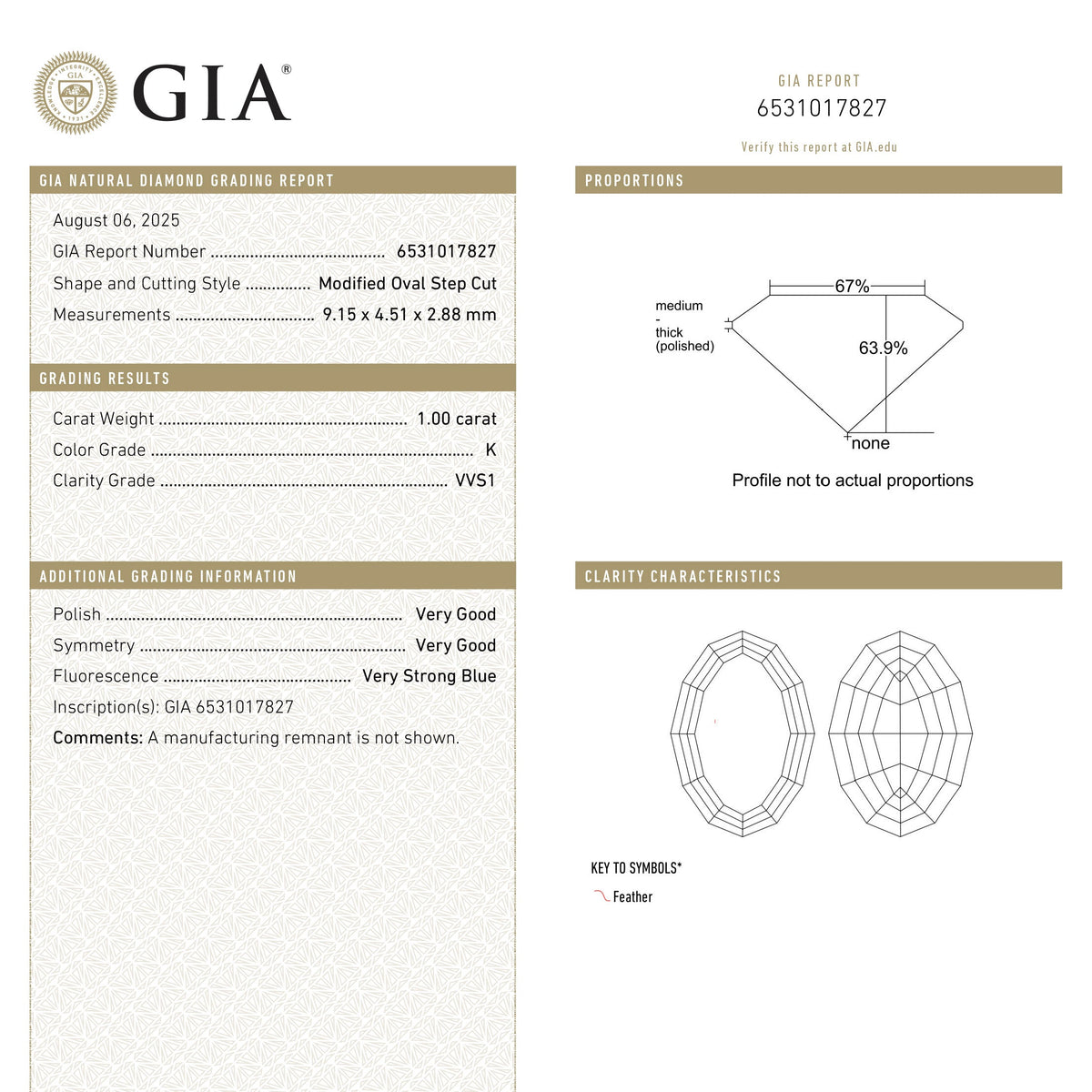 1.00ct 9.15x4.51x2.88mm GIA VVSI K Geo Oval Step Cut 28330-01